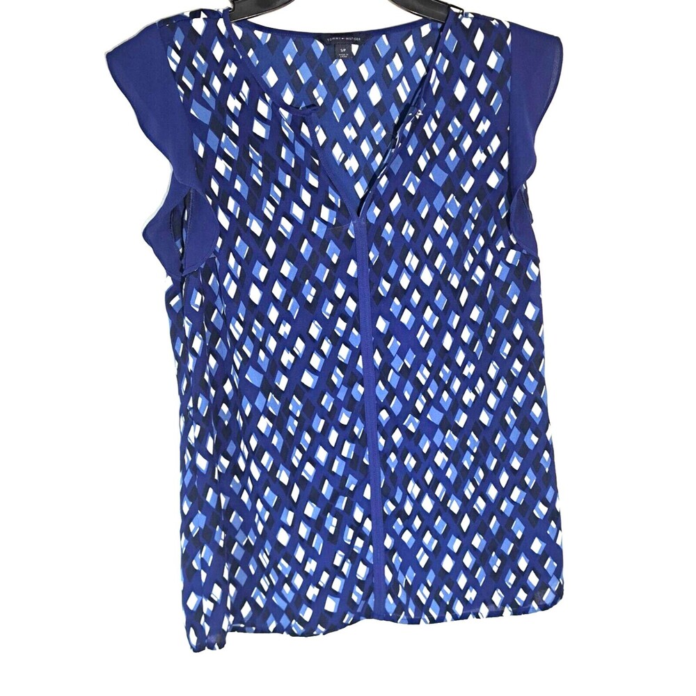 TOMMY HILFIGER Women's Top Size S Navy Blue Ruffle Cap Sleeve Blouse V-Neck EUC